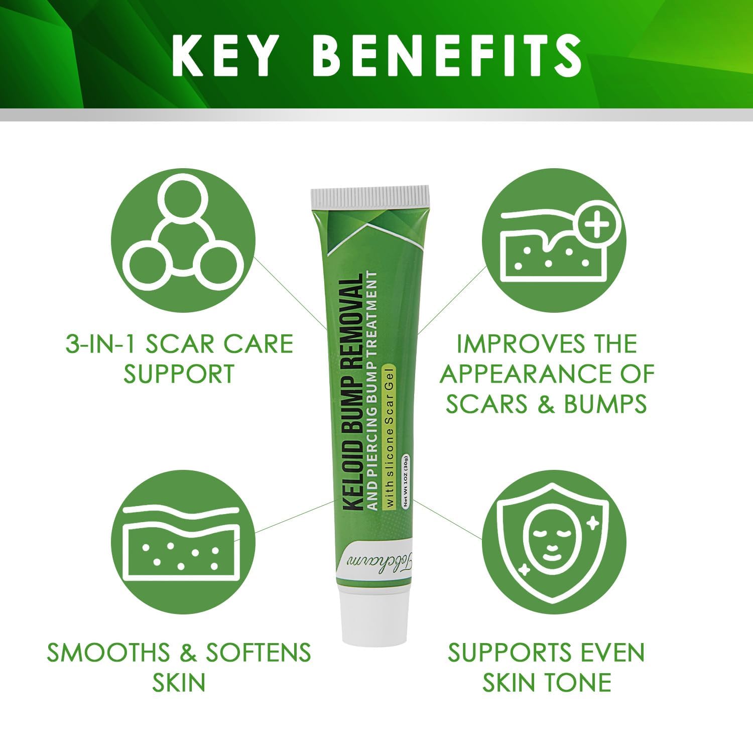 Advanced Keloid Bump Removal Gel: Silicone Keloid Scar Removal Cream for Scars from Piercing, Surgical Marks, Acne, and Burns, Keloid Treatment for Ears, Face, and Body with Healing Formula 30g